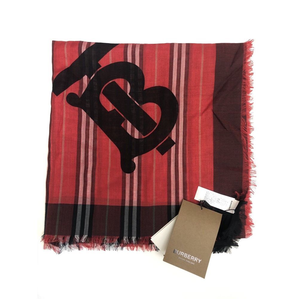 BURBERRY Scarf Bright Red TB Heritage Stripe Wool Silk Italy Square 57x57" NEW‎ - Picture 2 of 5